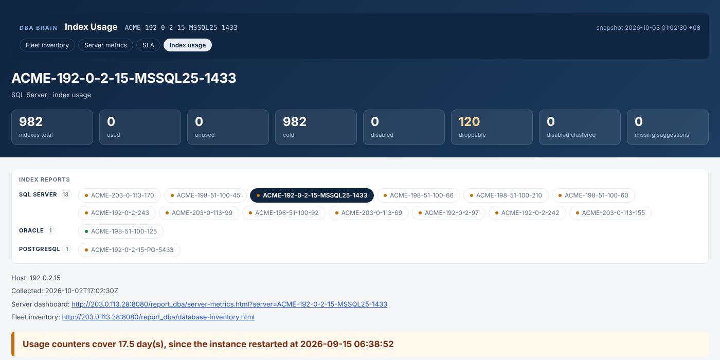 Index usage report for one SQL Server instance: total, unused, cold and droppable indexes